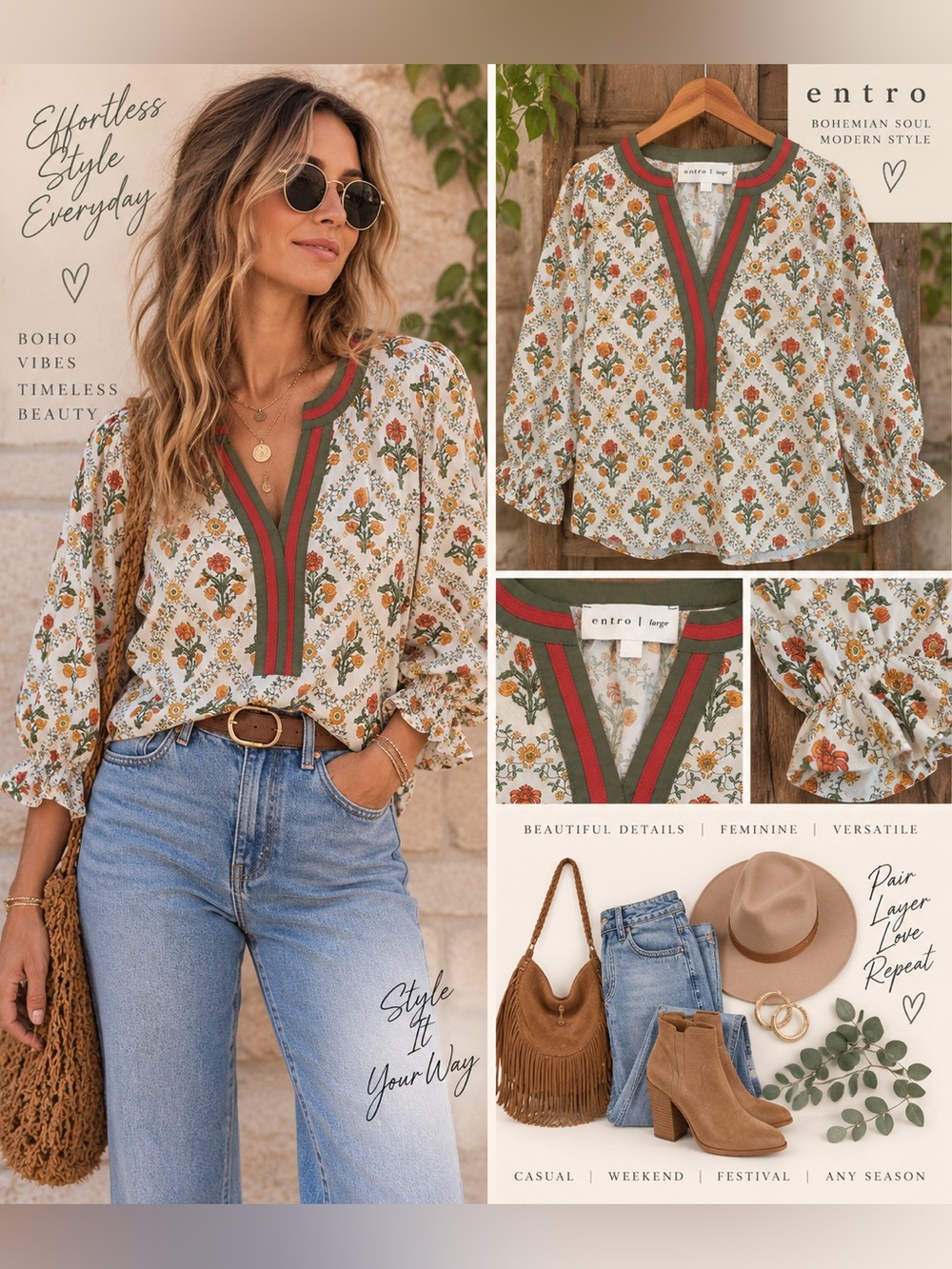 entro Floral Boho V-Neck Blouse in Cream with Green & Rust Accents